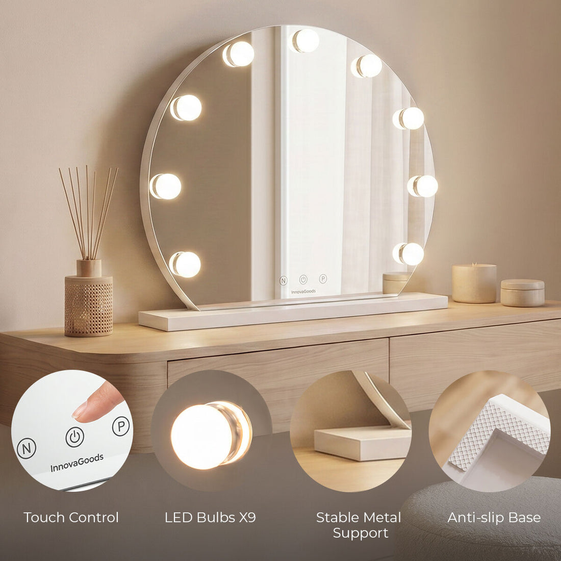 Gloette LED-Schminkspiegel Rund – Detailansicht 3