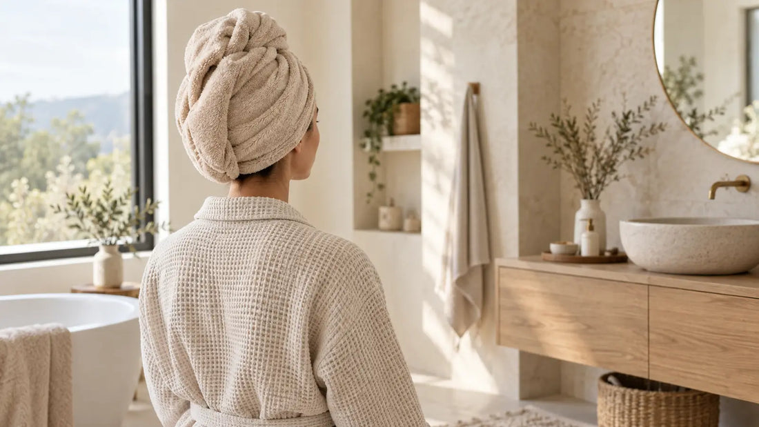 Haarturban richtig wickeln im Badezimmer