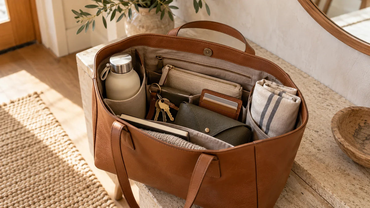 Handtasche richtig organisieren mit übersichtlich sortiertem Inhalt