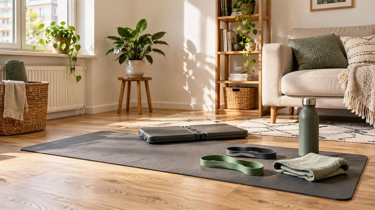 Home-Gym auf kleinem Raum mit Matte und Trainingszubehör