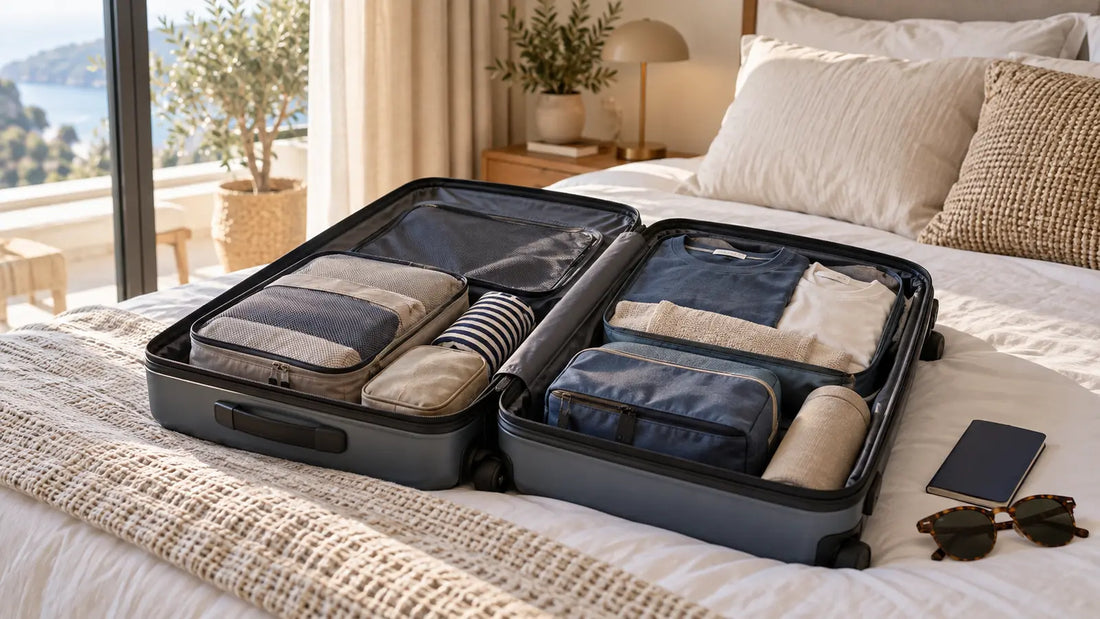 Koffer packen mit Packwürfeln im Schlafzimmer