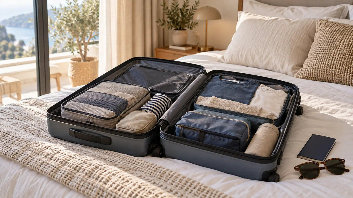 Koffer packen mit Packwürfeln im Schlafzimmer