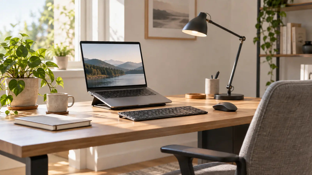 Laptop ergonomisch aufstellen im hellen Homeoffice