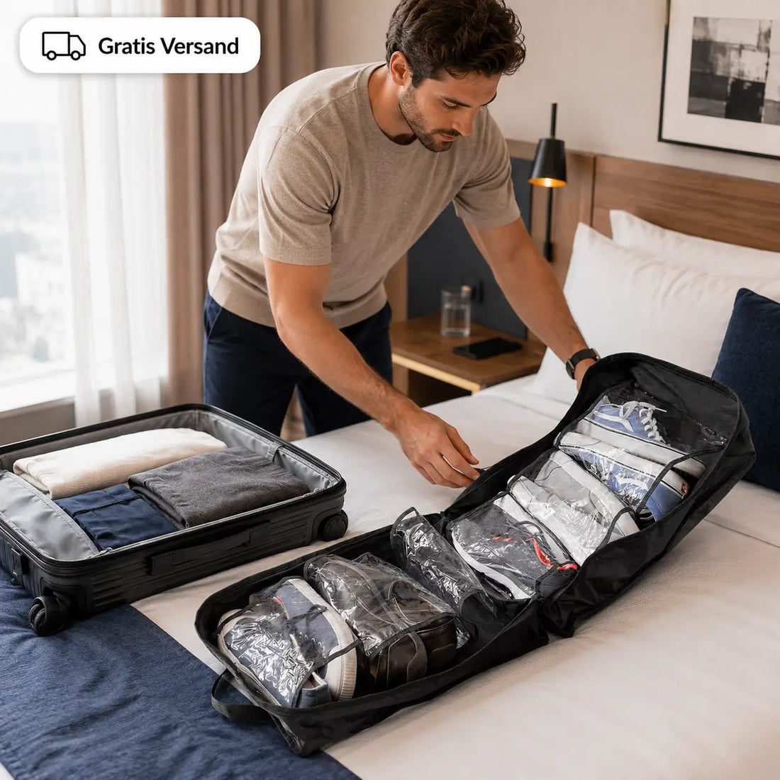 Mann packt einen geöffneten Schuh-Organizer mit 6 Paar Schuhen neben einem Koffer
