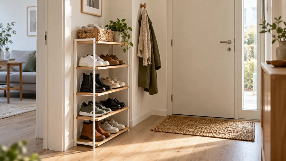 Schuhregal organisieren in einem kleinen hellen Flur