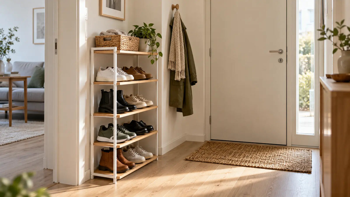 Schuhregal organisieren in einem kleinen hellen Flur