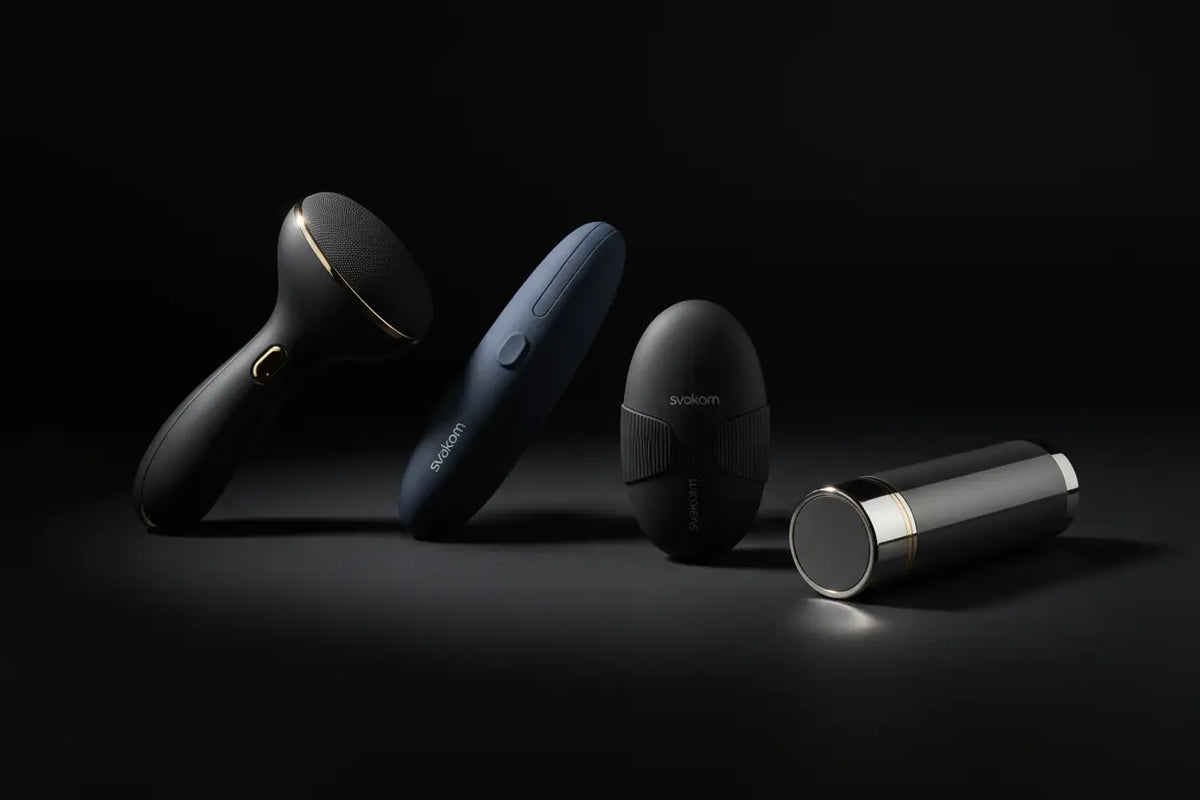 Premium Masturbatoren auf schwarzem Hintergrund – Satisfyer Men Wand, Svakom und Satisfyer Men Vibration in elegantem modernem Design