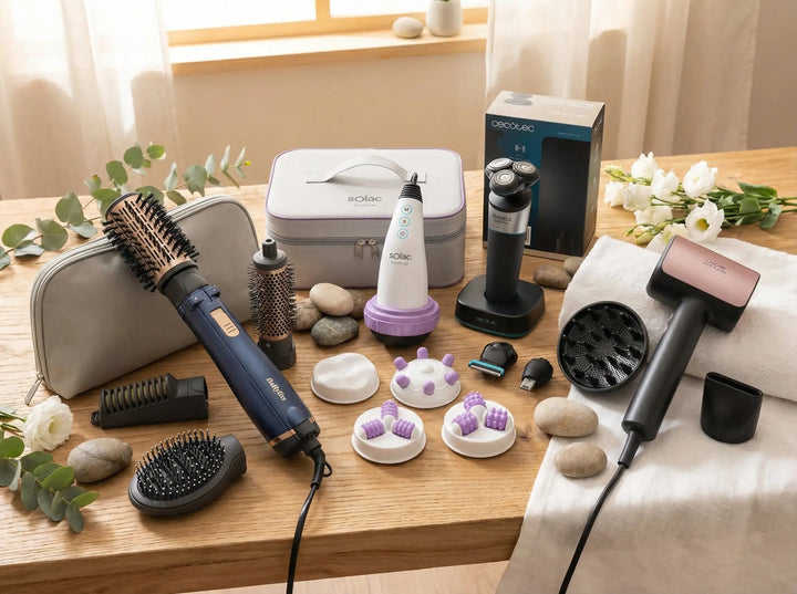 Haarstyling-, Massage- und Pflegegeräte auf einem Holztisch