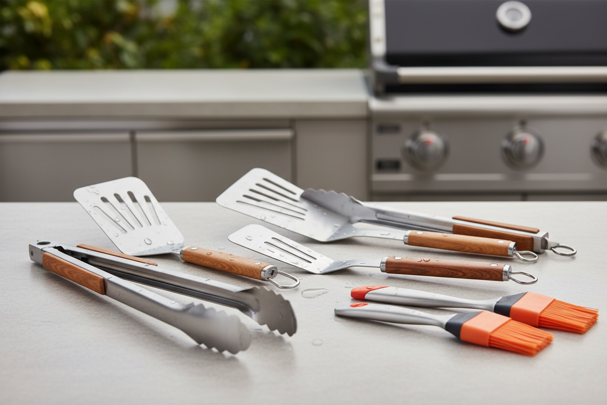 Grill-Utensilien aus Edelstahl mit Grillzangen, Grillwendern, Spateln und Bürsten für BBQ und Outdoor-Kochen