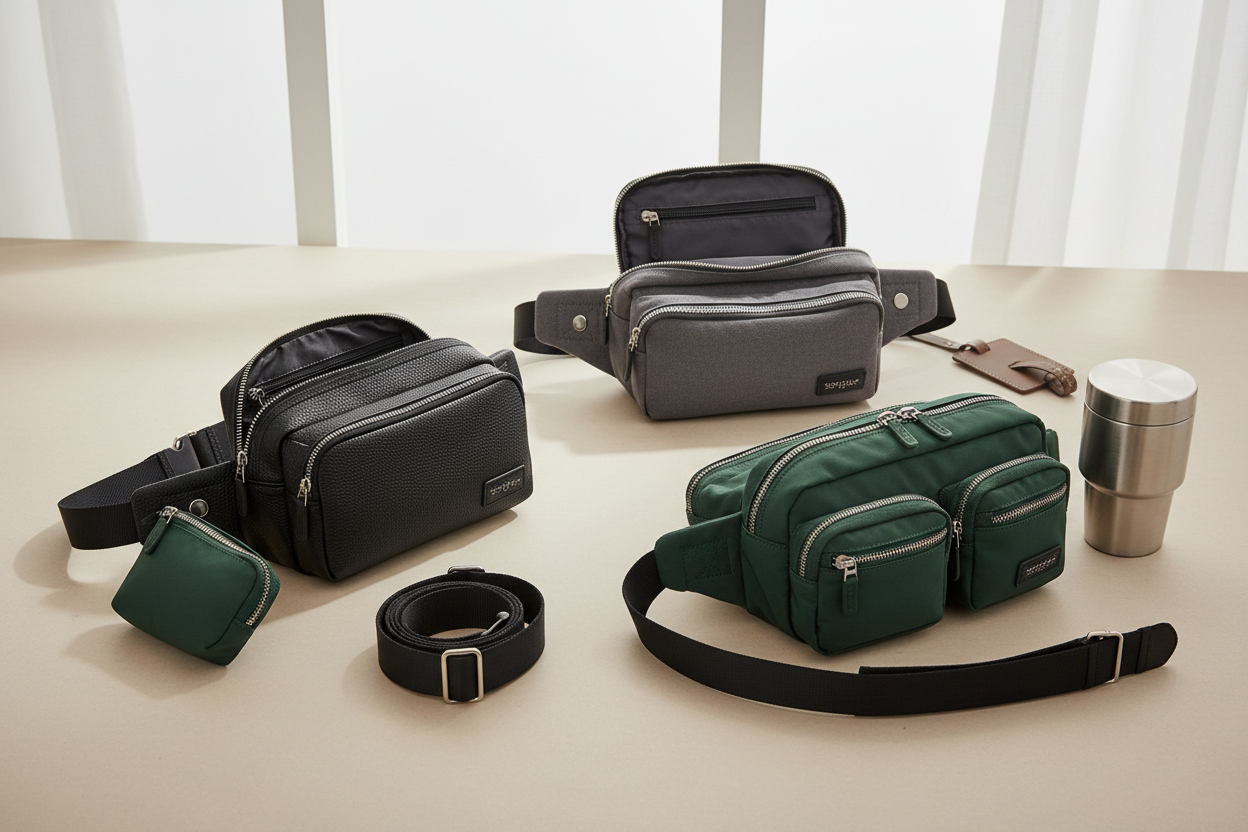 Gürteltaschen mit verstellbaren Gurten und Fächern in Schwarz, Grau und Grün für Reisen, Alltag und Festivals