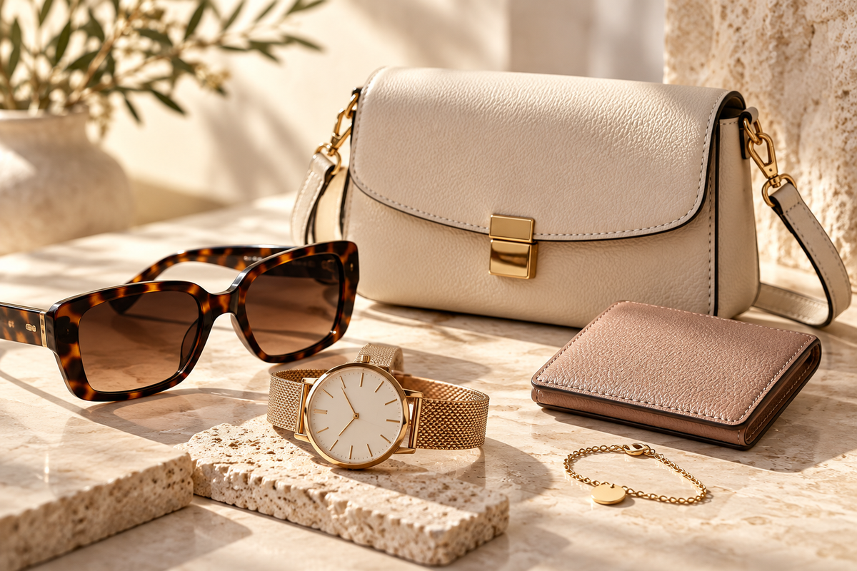 Beige Umhängetasche mit Sonnenbrille, Armbanduhr, Geldbörse und Armband