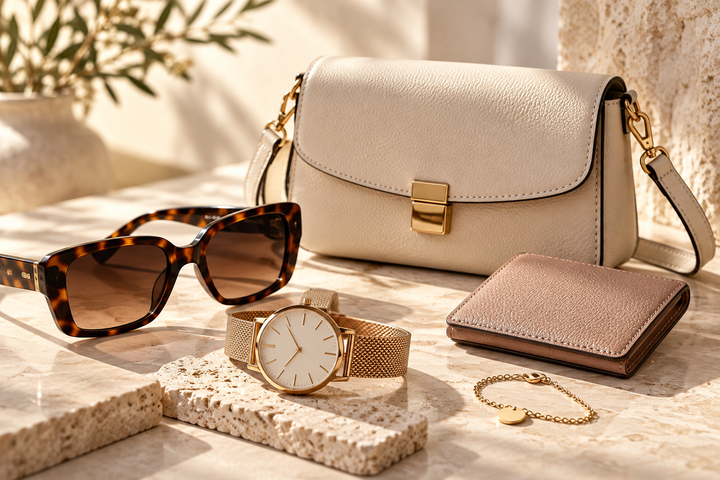 Beige Umhängetasche mit Sonnenbrille, Armbanduhr, Geldbörse und Armband