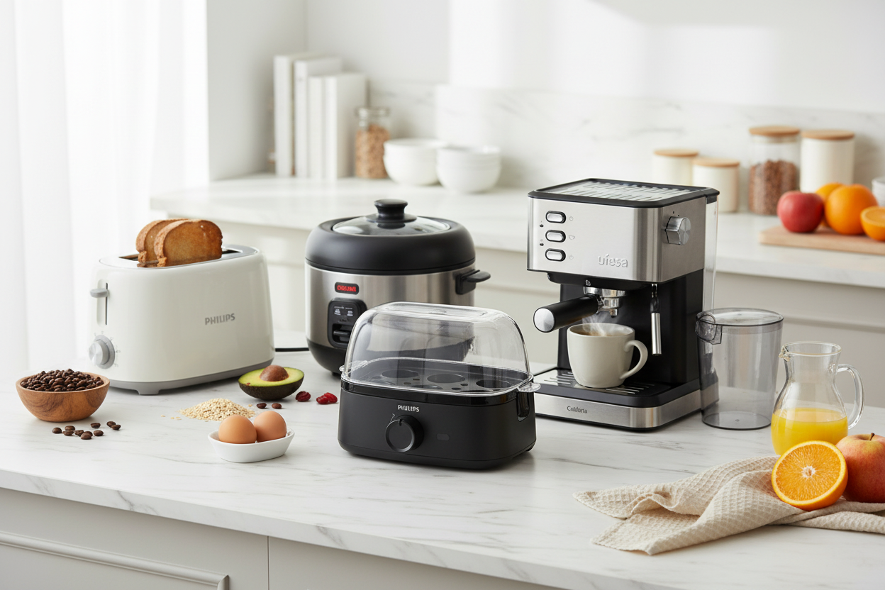 Hochwertige kleine Haushaltsgeräte für Haus und Küche auf moderner Arbeitsfläche – Toaster, Reiskocher, Eierkocher, Kaffeemaschine und Entsafter für den Alltag