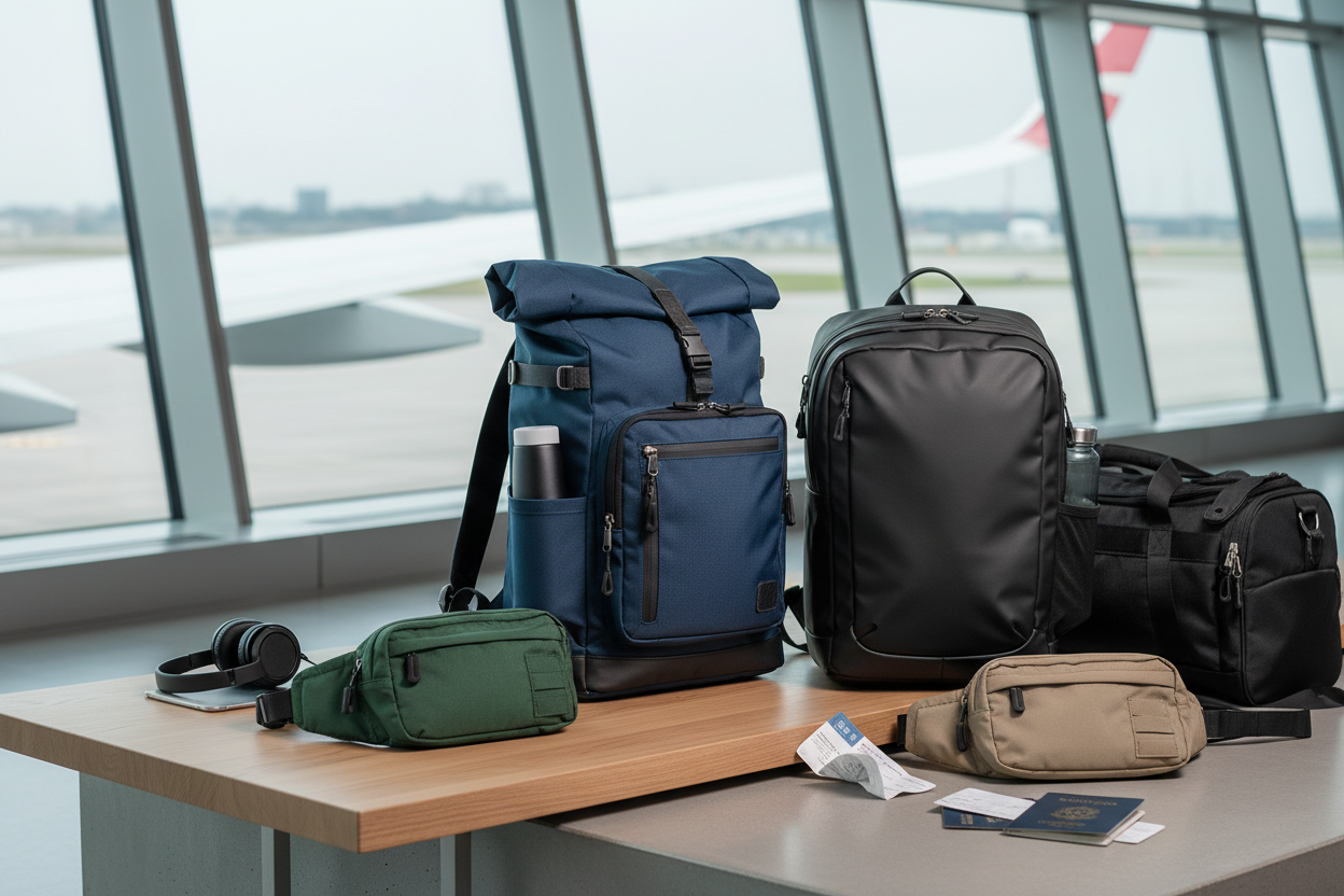 Modernes Reisegepäck Kollektion mit Rucksäcken, Sporttaschen, Gürteltaschen und Reiseaccessoires für komfortables Reisen