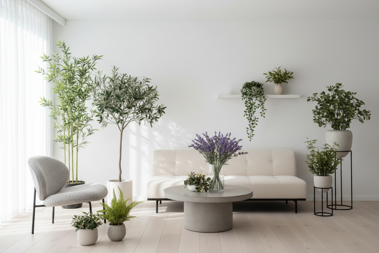 Hochwertige künstliche Pflanzen und Blumen Kollektion mit Bambus, Olivenbaum, Lavendel und dekorativen Grünpflanzen für pflegeleichte Heimdekoration