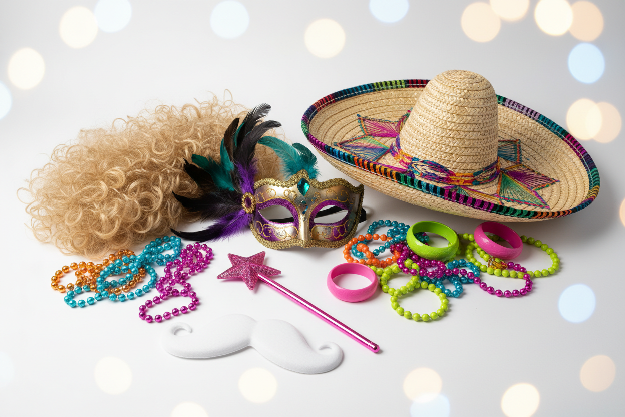 Buntes Kostümzubehör Set mit Masken, Hüten, Perücken, Zauberstäben und Schmuck für Fasching, Halloween, Motto-Partys und kreative Verkleidungen für Kinder und Erwachsene