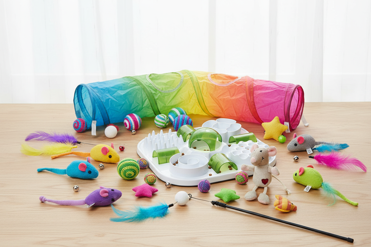 Katzenspielzeug für aktive Katzen - Spielmäuse, Bälle, Federspielzeug, Tunnel und interaktive Spielzeuge für Beschäftigung und Bewegung bei AWK Flagship