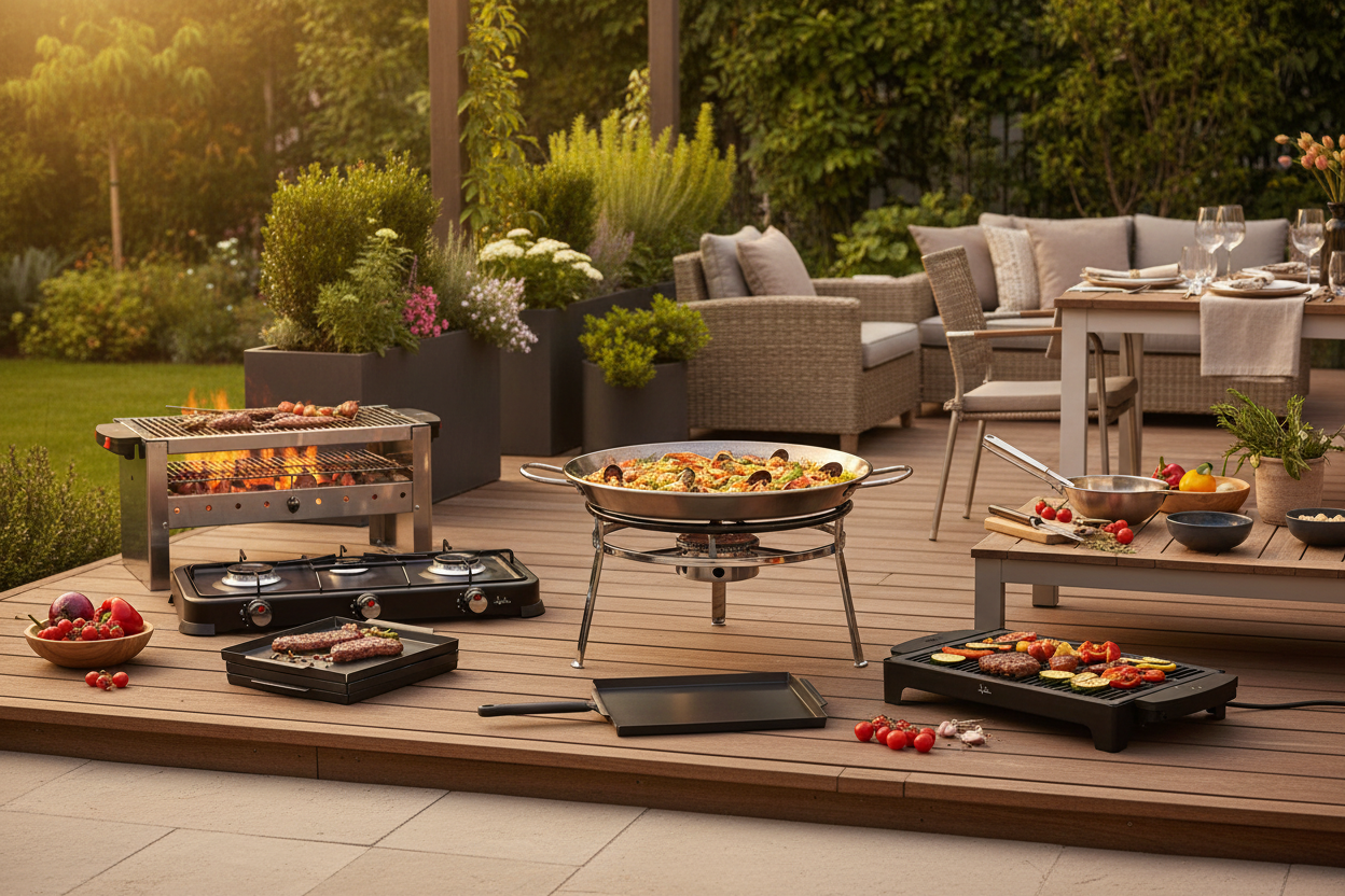 Grill-Equipment und Outdoor-Küche für Garten und Terrasse – Gasgrill, Holzkohlegrill, Grillplatten und Paella-Brenner für BBQ und Essen im Freien