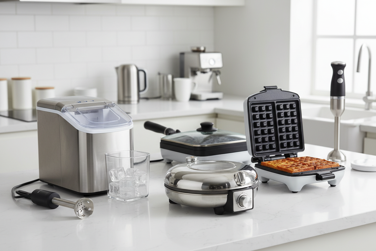 Moderne Spezialgeräte und elektrische Küchenutensilien mit Pizza Maker, Eiswürfelmaschine, Waffeleisen und Grillpfannen für komfortable Küchenarbeit