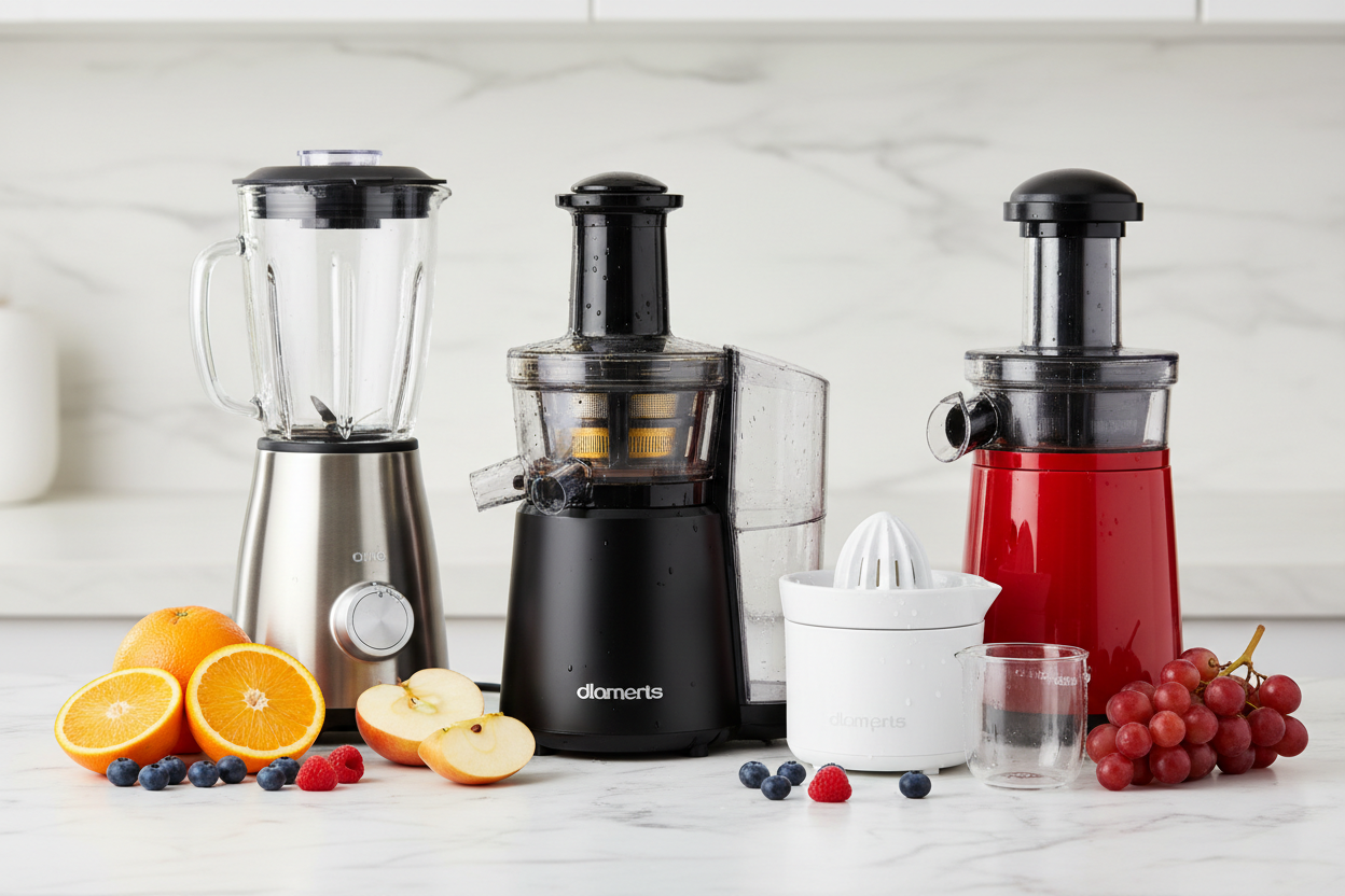Moderne Standmixer und Entsafter Set mit Zitruspresse, Zentrifugalentsafter und frischen Früchten – leistungsstark für Smoothies, Säfte und gesunde Ernährung