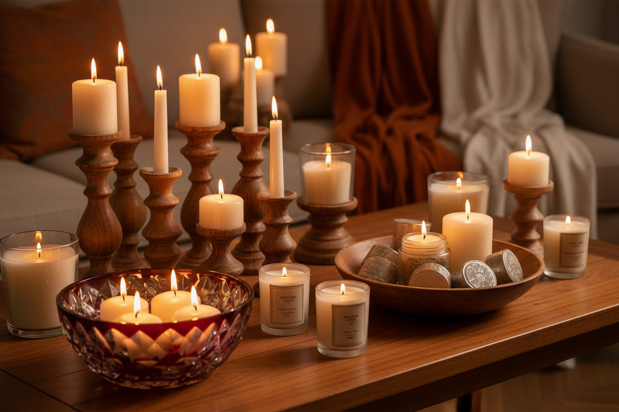 Elegante Kerzen und Kerzenhalter Kollektion mit Kristall-Kerzenschalen, Teakholz-Haltern, Duftkerzen und Mango-Holz-Schalen für stimmungsvolle Wohnatmosphäre