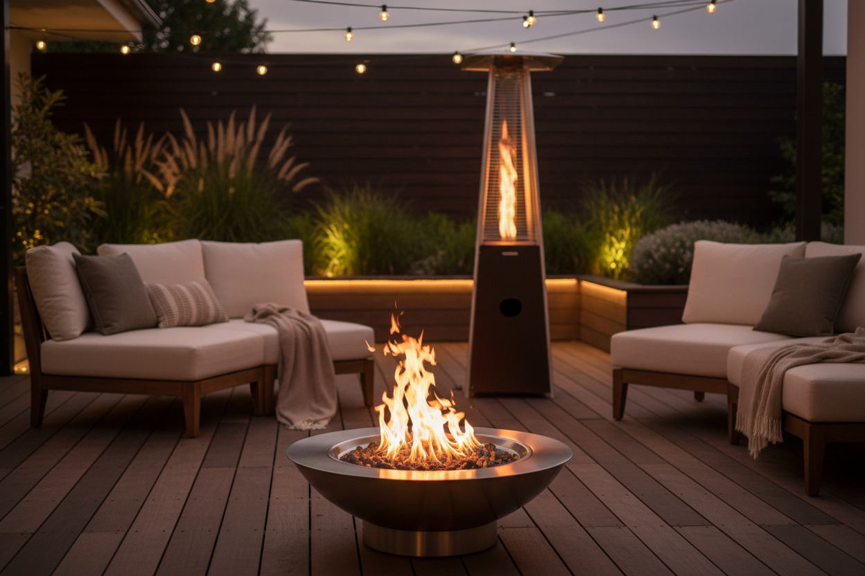 Moderne Feuerschalen und Gasheizer für Terrasse und Garten – hochwertige Outdoor-Heizungen und Feuerstellen für gemütliche Atmosphäre im Außenbereich