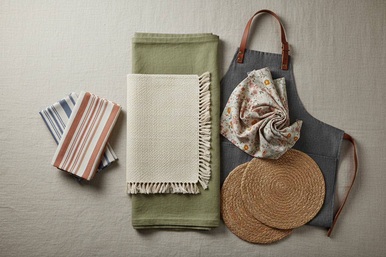 Heimtextilien – Tischdecken, Küchenhandtücher, Untersetzer und Schürzen für komfortables Wohnen