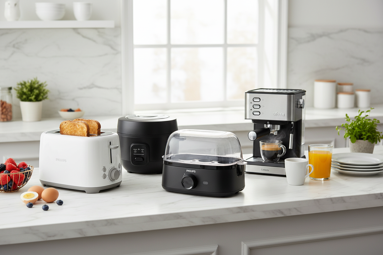Kleine Haushaltsgeräte für Küche und Alltag auf heller Arbeitsfläche – Toaster, Reiskocher, Eierkocher, Kaffeemaschine und Entsafter für effizienten Haushalt