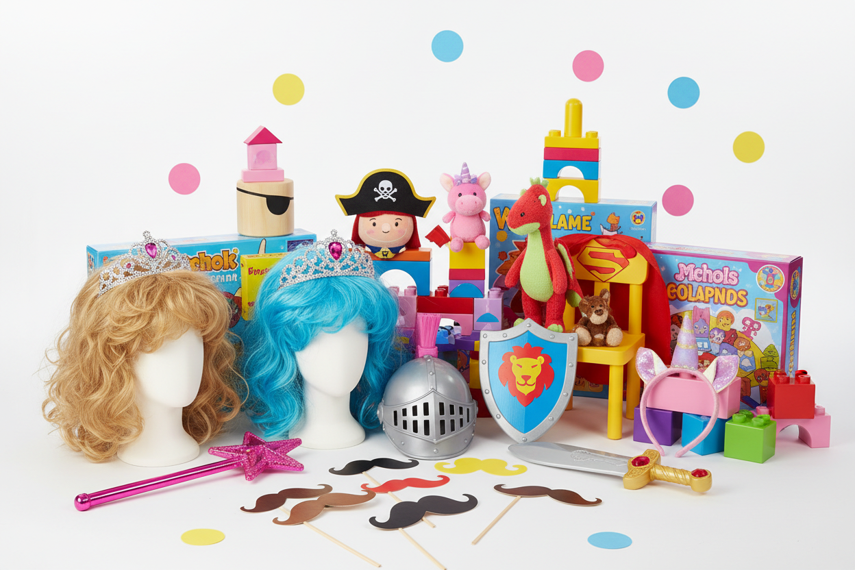 Bunte Spielzeug und Spiele Kollektion mit Kostümen, Zauberstäben, Perücken und Verkleidungs-Accessoires für kreatives Kinderspiel