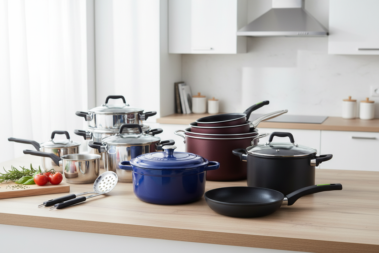 Hochwertige Küchengeräte und Kochgeschirr aus Edelstahl und Aluminium auf moderner Küchenarbeitsfläche – professionelle Töpfe, Pfannen und Küchenhelfer für Kochen und Backen