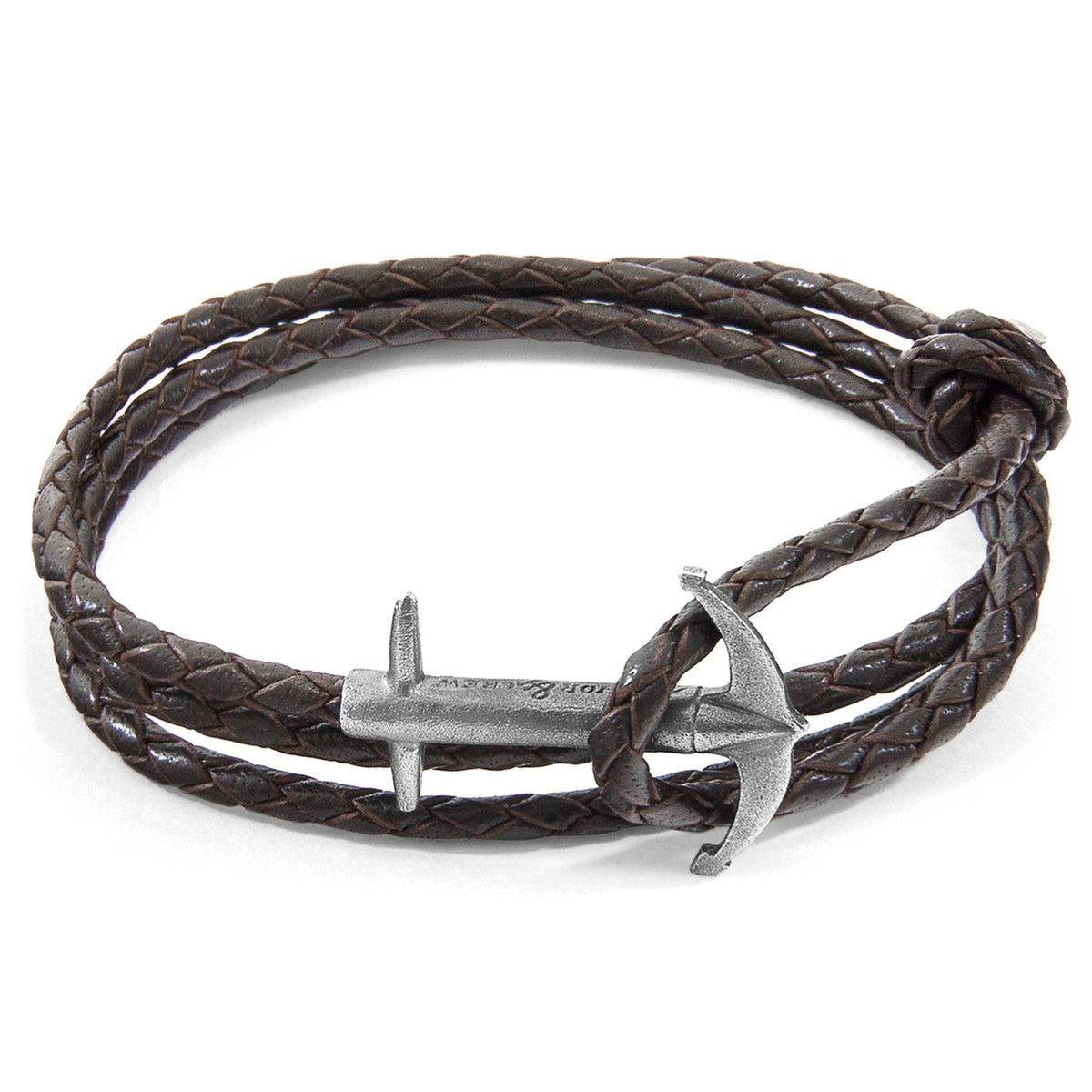 Admiral Anchor Silberarmband aus geflochtenem Leder – Dunkelbraun