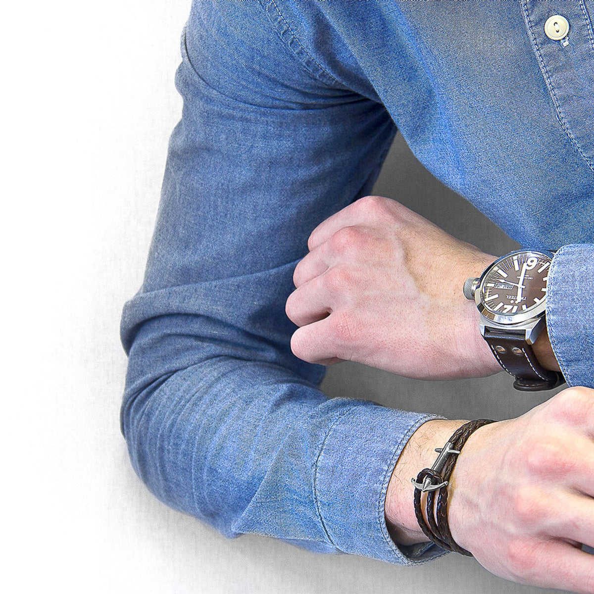 Admiral Anchor Silberarmband aus geflochtenem Leder – Dunkelbraun – Produktansicht 3