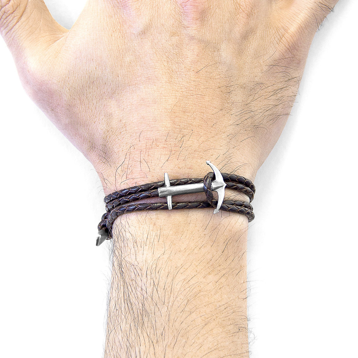 Admiral Anchor Silberarmband aus geflochtenem Leder – Dunkelbraun – Produktansicht 2