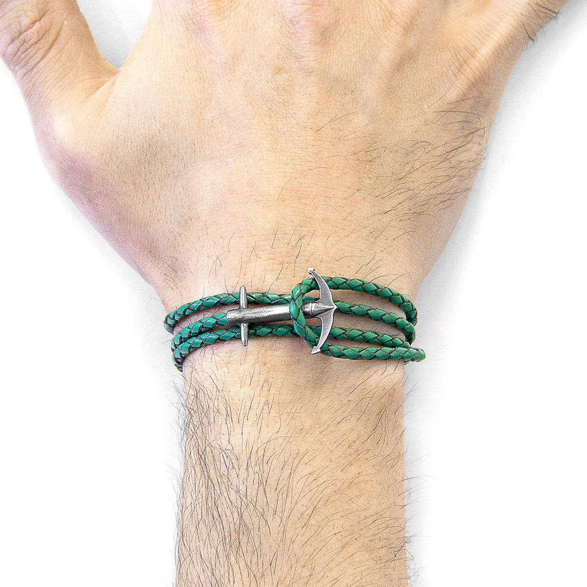 Admiral Anchor Silberarmband aus geflochtenem Leder – Farngrün – Produktansicht 3