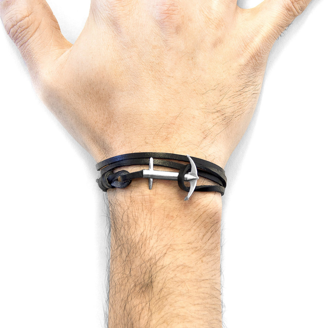 Admiral Anchor Silberarmband aus flachem Leder – Kohlschwarz – Detailansicht 1