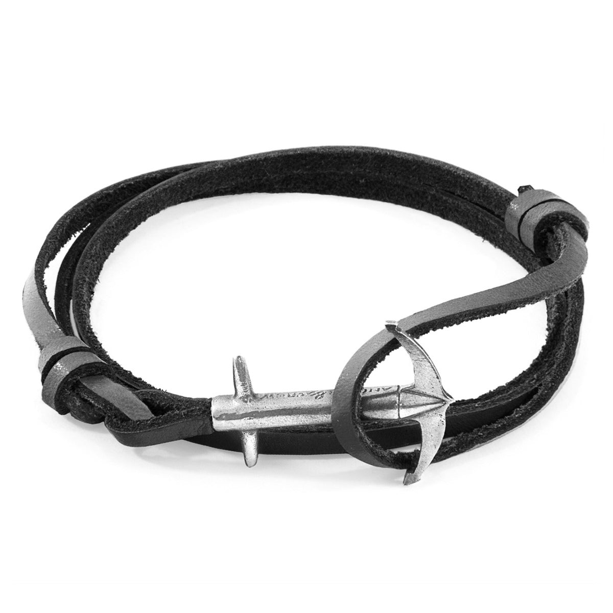 Admiral Anchor Silberarmband aus flachem Leder – Kohlschwarz – Produktansicht 2