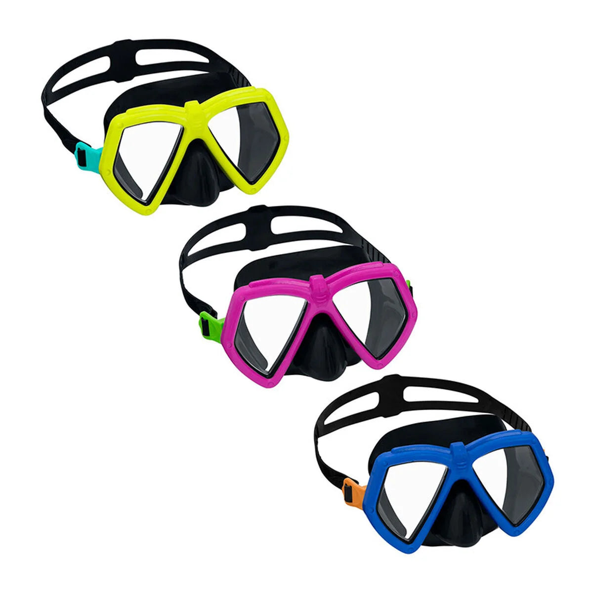Drei Bestway Dominator Kinder-Schwimmmasken in Gelb, Rosa und Blau