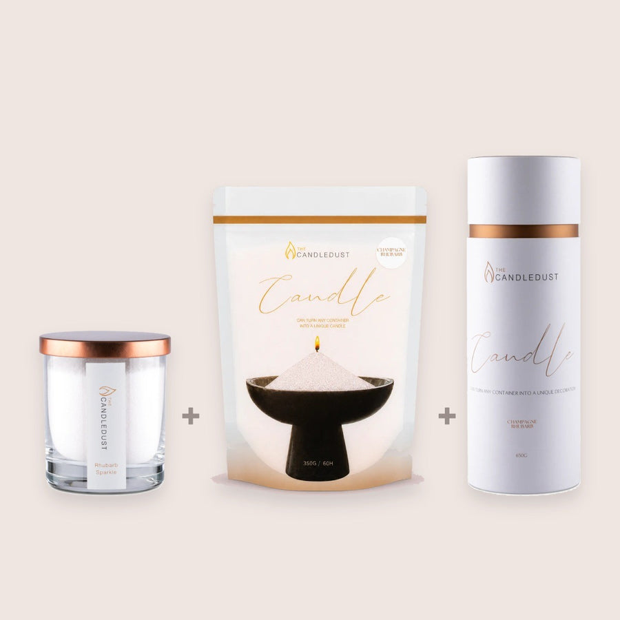 Champagne Rhubarb 3er – Set, 160 g Kerze + 350 g Nachfüllung + 650 g Dose