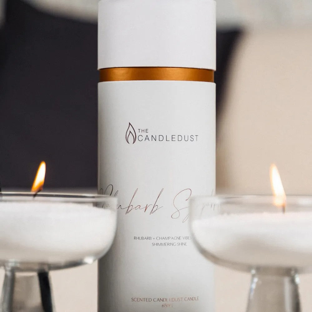 Champagne Rhubarb 3er – Set, 160 g Kerze + 350 g Nachfüllung + 650 g Dose – Produktansicht 2