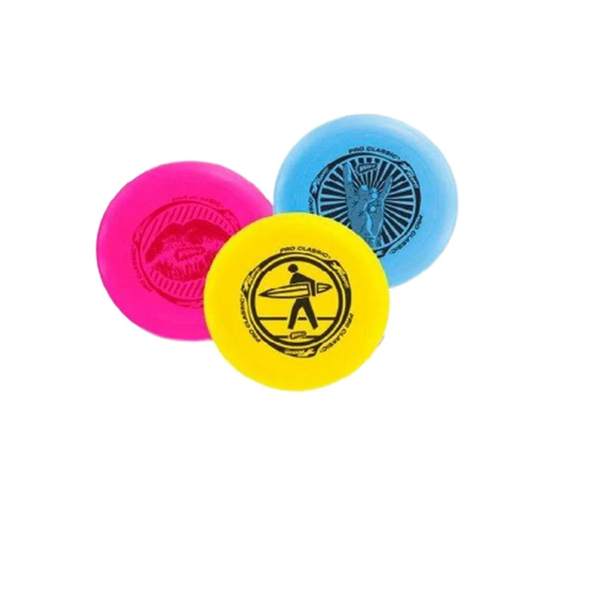 Flexible Colorbaby Wurfscheiben in Pink, Gelb und Blau mit verschiedenen Motiven