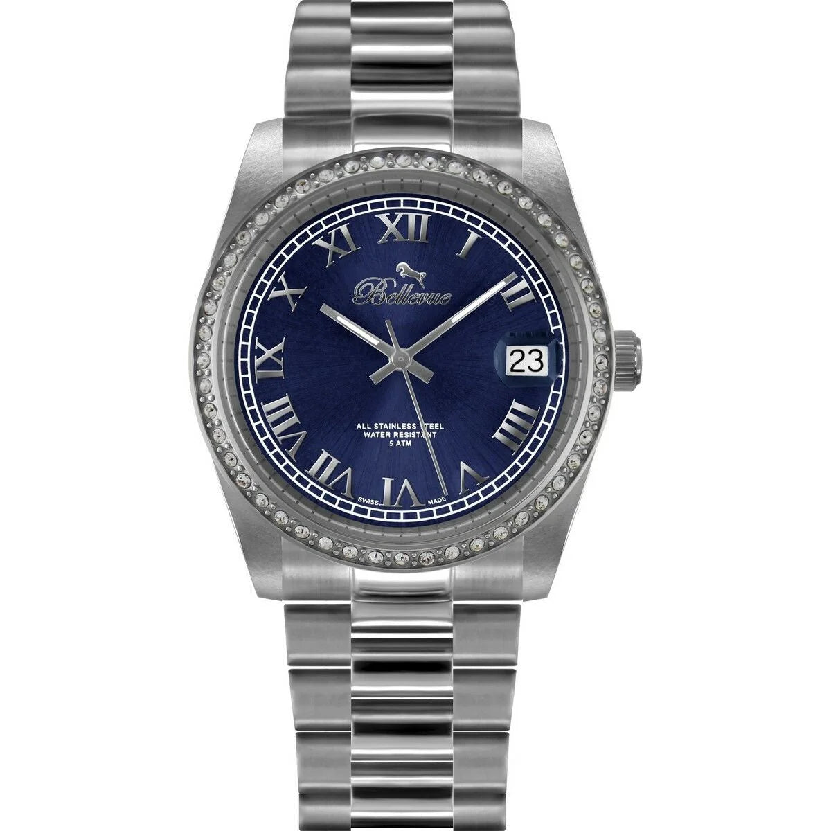 Bellevue H6 Damenuhr mit grauem Edelstahlband und blauem Zifferblatt