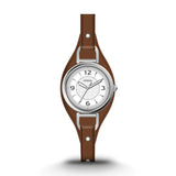 Fossil Carlie ES5214 Damenuhr mit silbernem Gehäuse und braunem Lederarmband