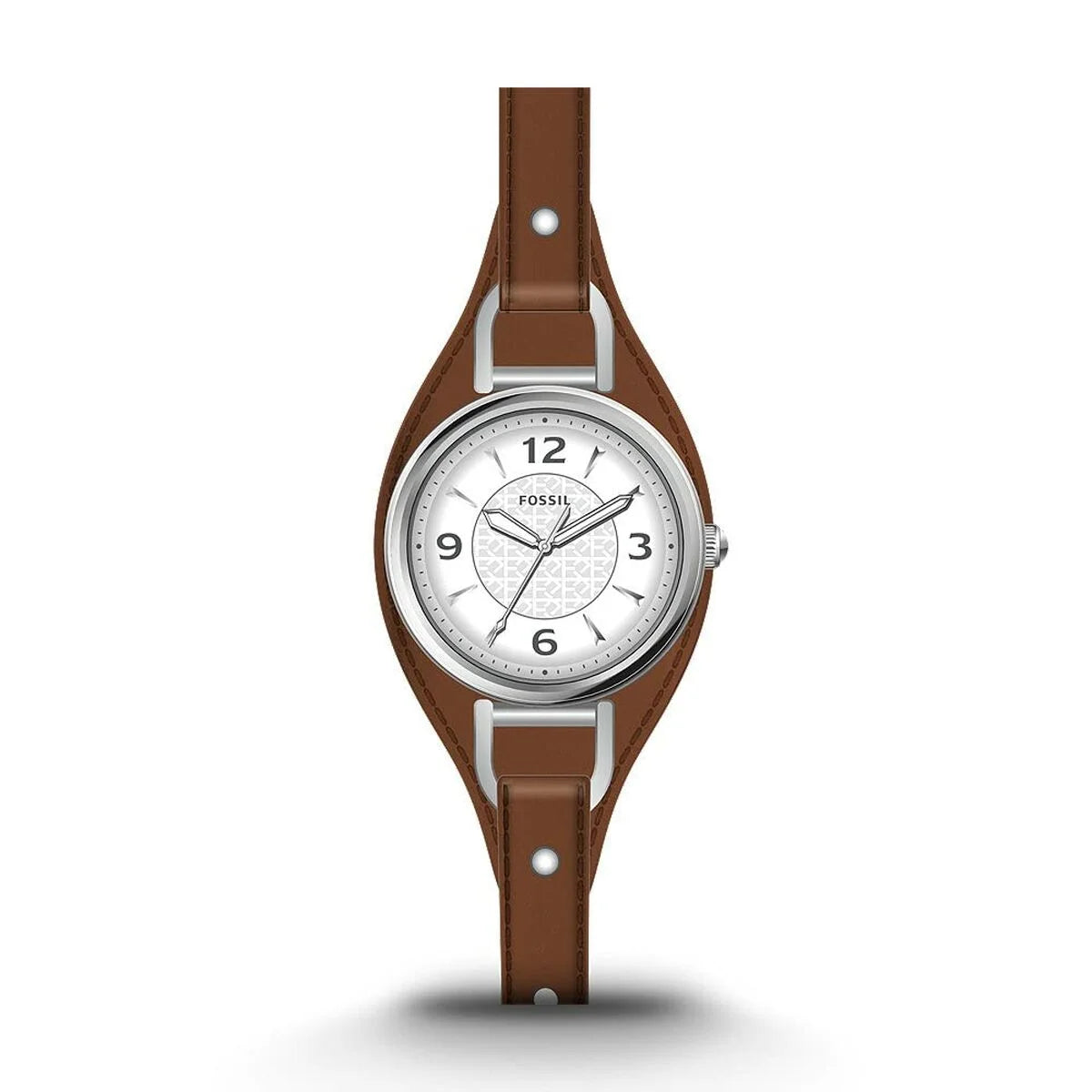 Fossil Carlie ES5214 Damenuhr mit silbernem Gehäuse und braunem Lederarmband