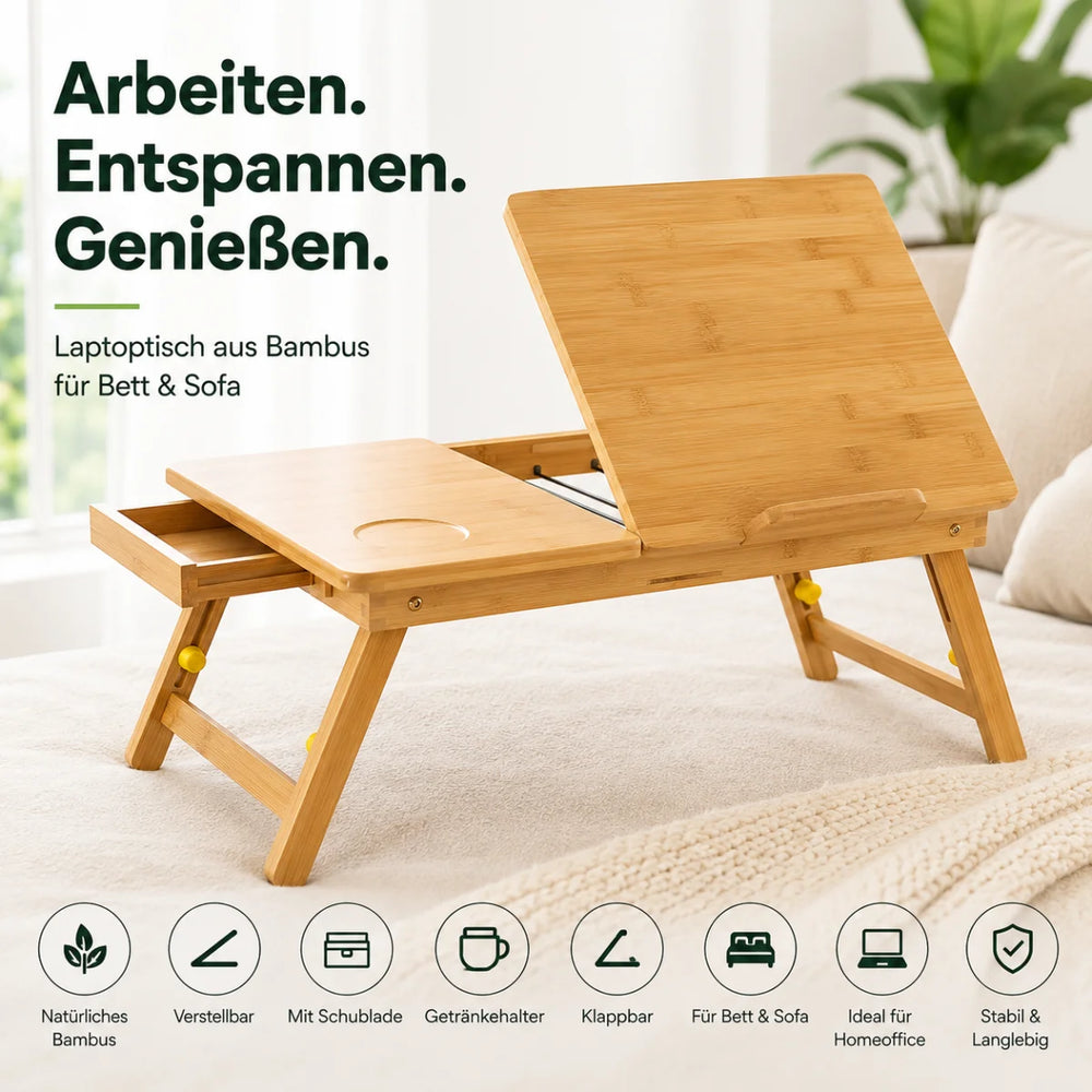 Bambus-Laptoptisch klappbar mit Schublade – Detailansicht 1