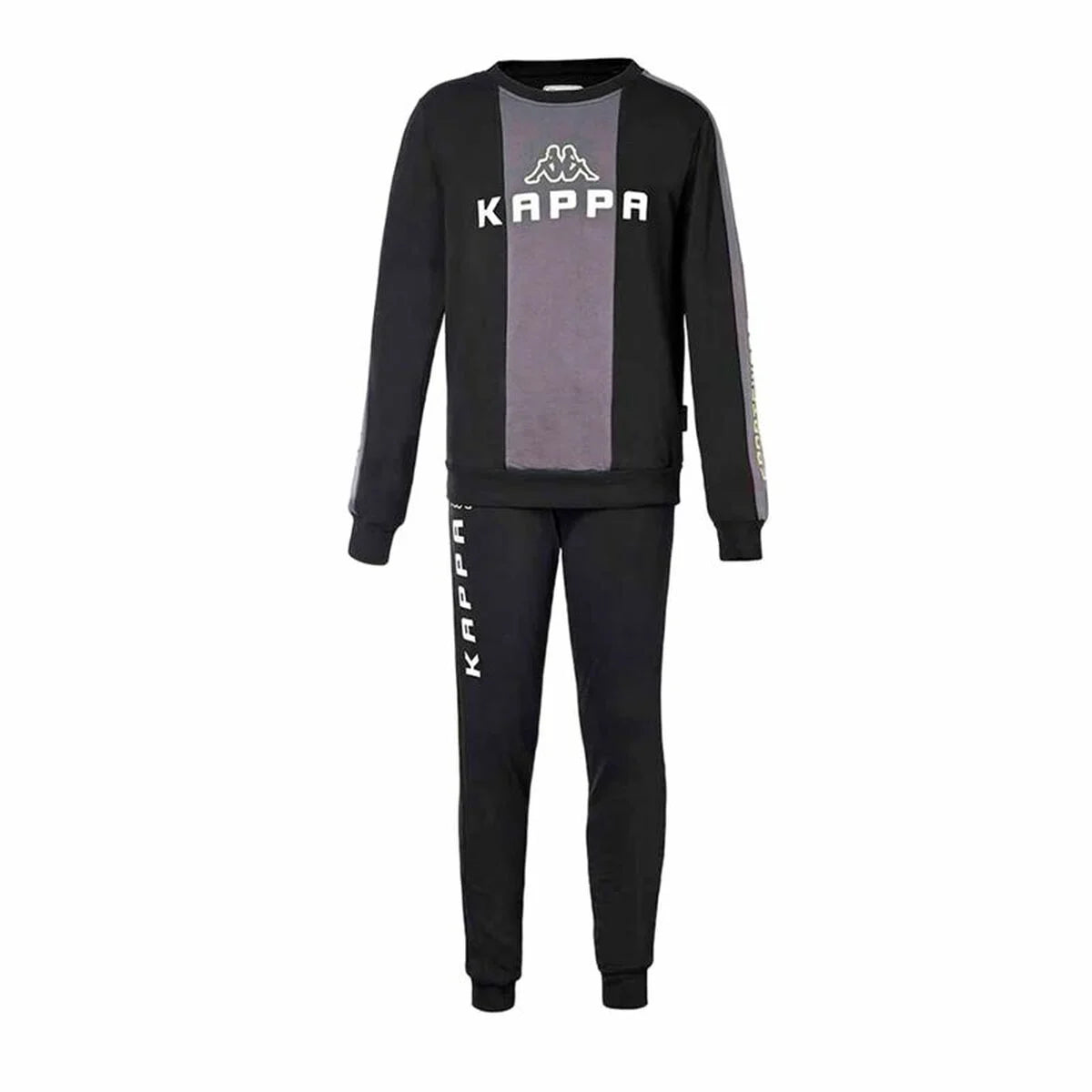 Schwarzer Kappa Kinder-Trainingsanzug mit grauen Einsätzen von vorn