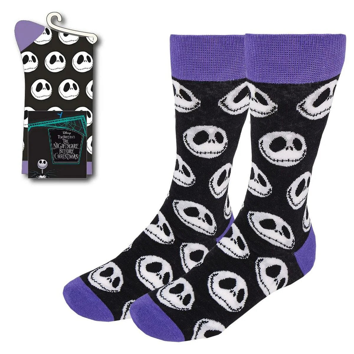 Schwarze Socken mit Jack Skellington Köpfen und violetten Abschlüssen