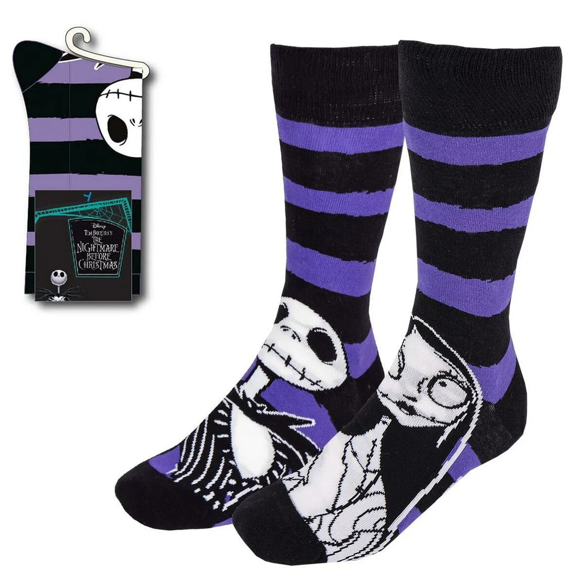 Schwarze und violette Socken mit Jack und Sally Motiv