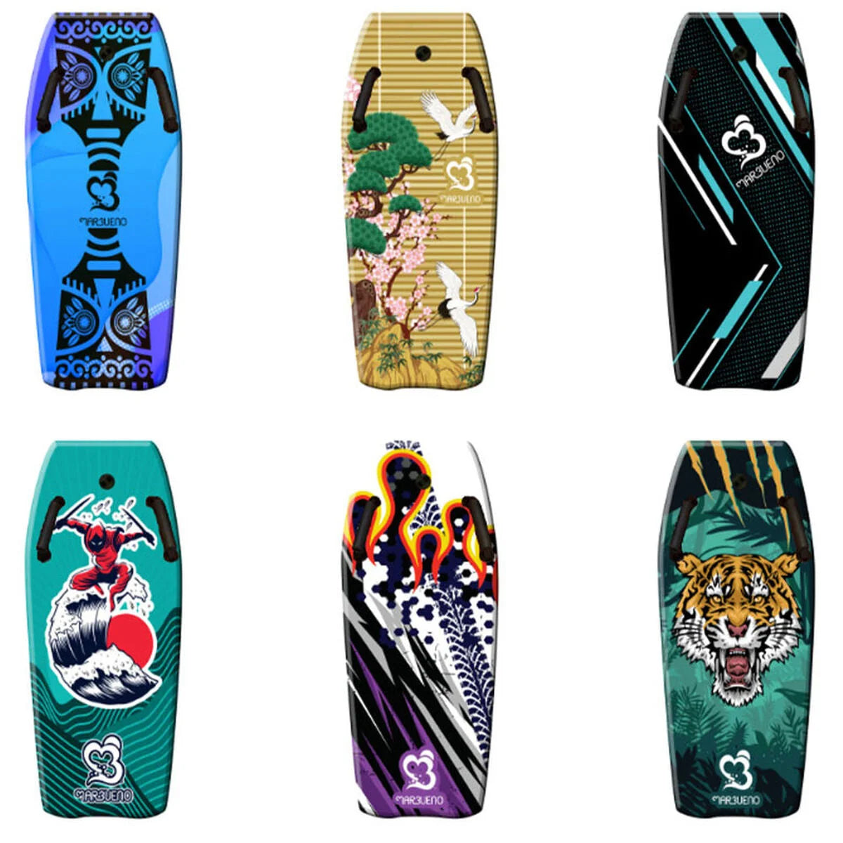 Übersicht mehrerer Marbueno Bodyboards mit verschiedenen mehrfarbigen Motiven