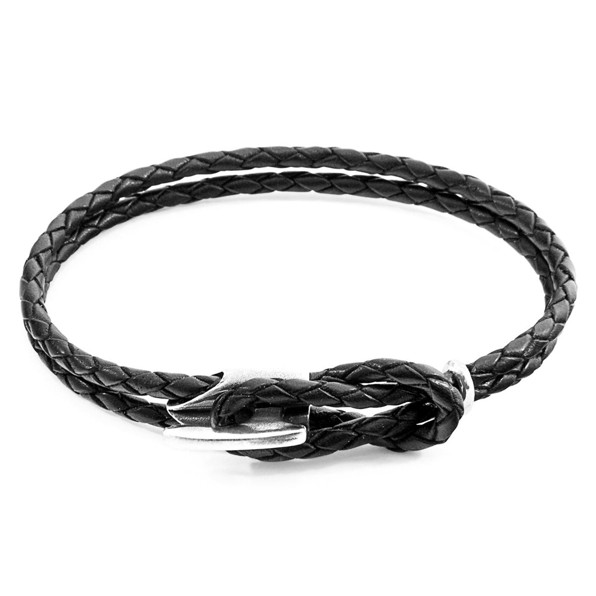 Padstow Silberarmband aus geflochtenem Leder – Kohlschwarz