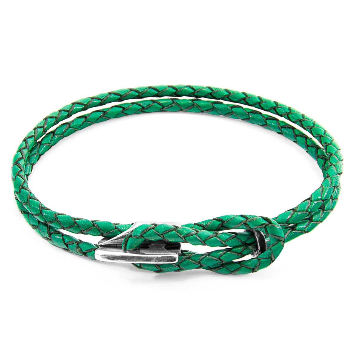 Padstow Silver and Braided Leather Bracelet - Fern Green